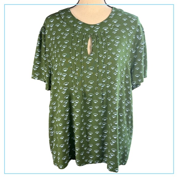 Circus UK 24 Olive Green Mushroom Print Top Keyhole Short Sleeve Blouse - Picture 1 of 10